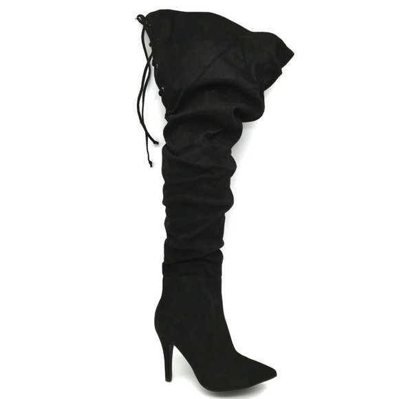 Nadia x FTF Womens Ophelia 17 Thigh High Boot Black Back Laces Zip High Heel 8W - Picture 1 of 10